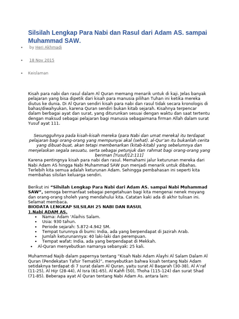 Silsilah Lengkap para Nabi Dan Rasul Dari Adam AS. Sampai Muhammad SAW ...