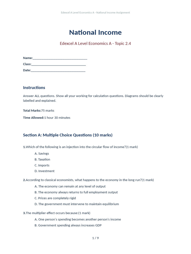 National Income Assignment | PDF | Fiscal Multiplier | Economics