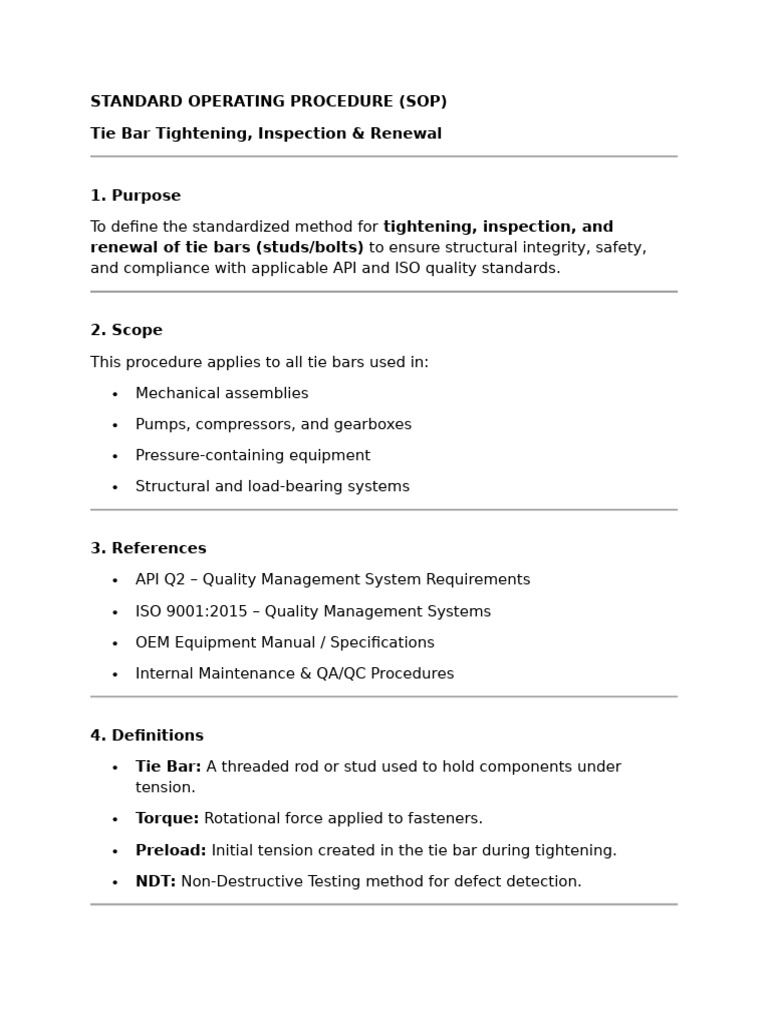 Complete SOP For Tie Bar Tightening, Inspection & Renewal | PDF ...
