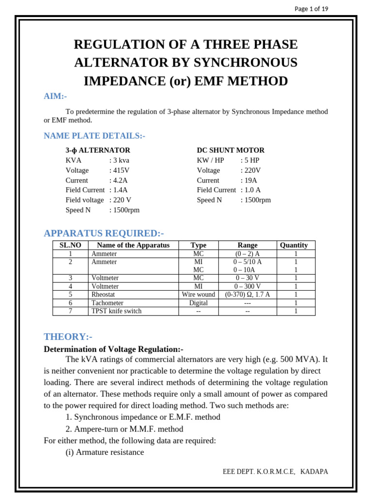 Regulation of A Three Phase Alternator by Synchronous Impedance Method ...