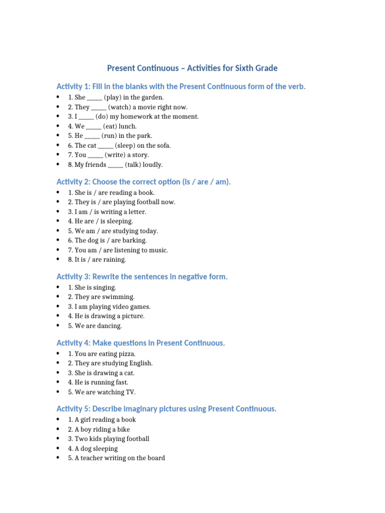 Present Continuous Activities Sixth Grade | PDF