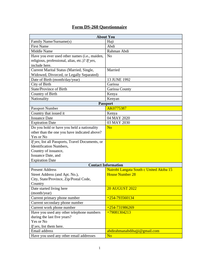 DS-260 Questionnaire | PDF | Social Security Number | Zip Code