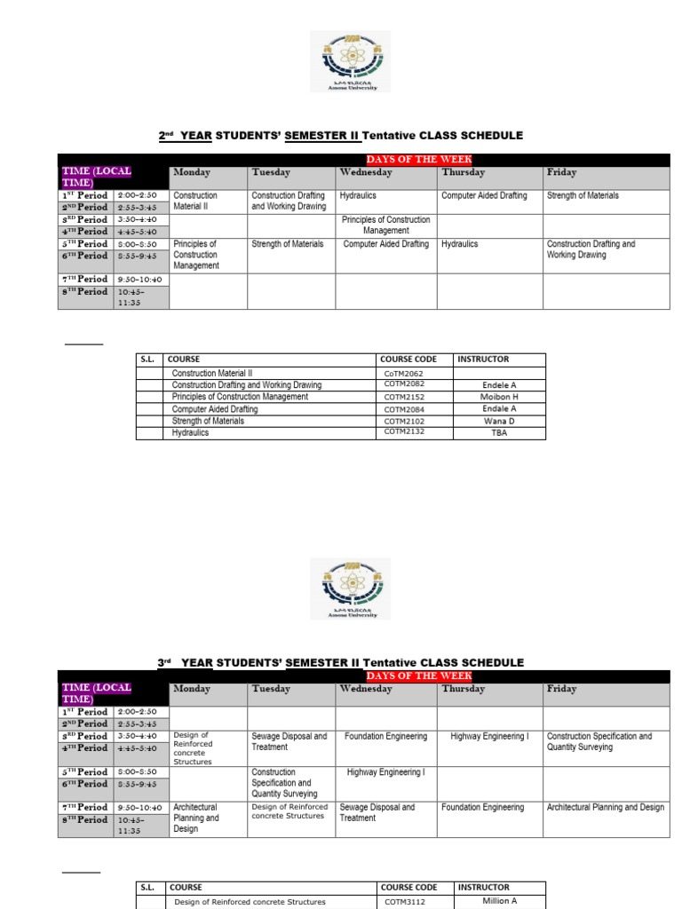 2018 - CoTM... 2nd ..Semester Class Schedul | PDF | Civil Engineering ...