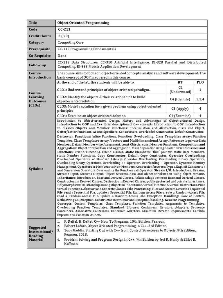CC-211 Object Oriented Programming | PDF | Object Oriented Programming ...
