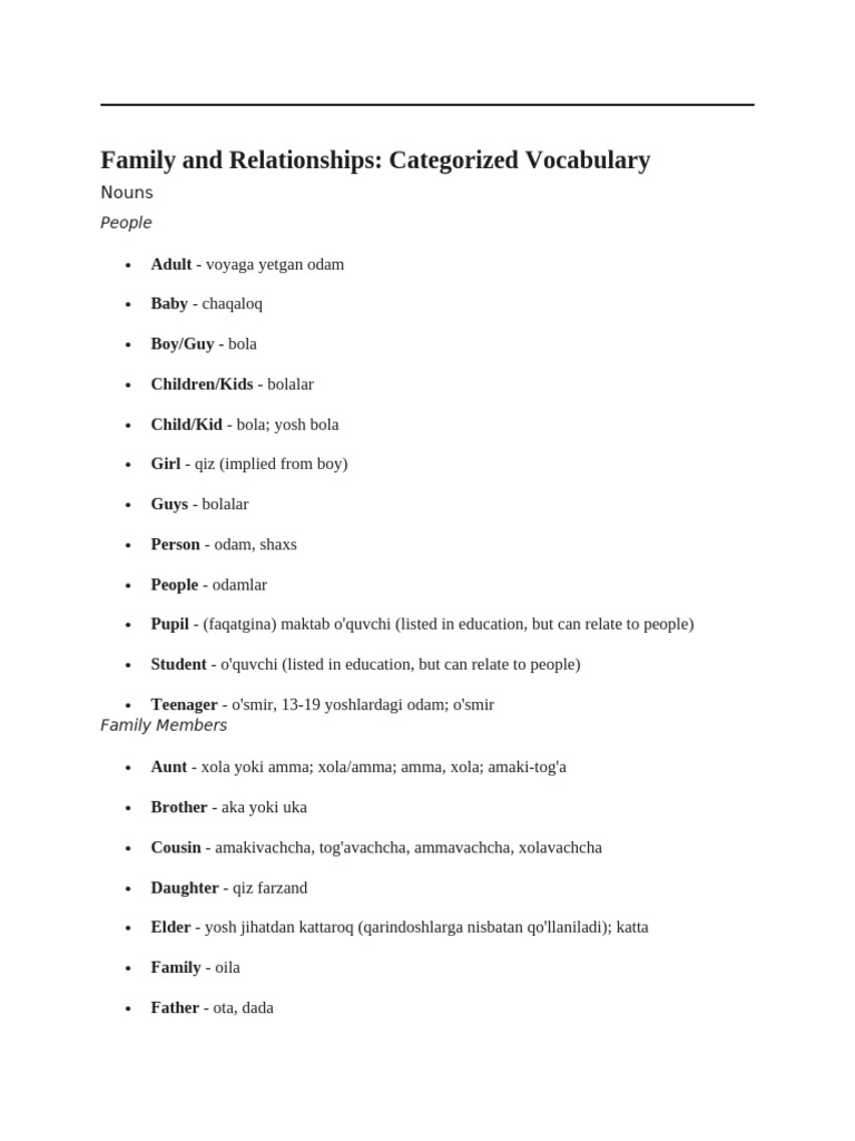 Family and Relationships (A) Vocabulary | PDF | Adverb | Vocabulary