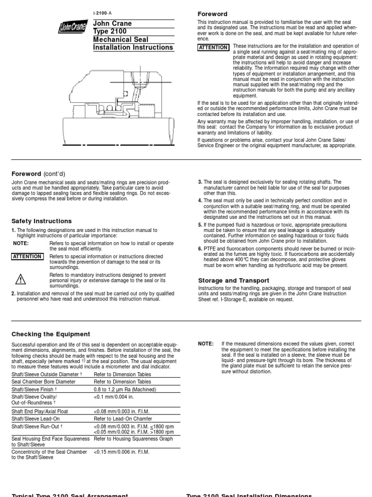 Mechanical Seal Installation Instruction Pdf Pump Valve
