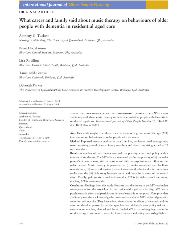 Tuckett Et Al 2014 Carers and Family, Behaviours of Dementia Aged Care ...