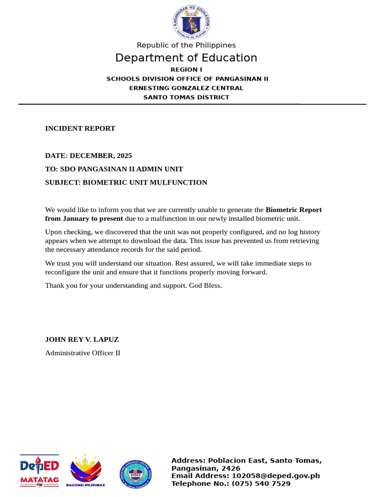 Incident Report | PDF | Biometrics | Information Technology