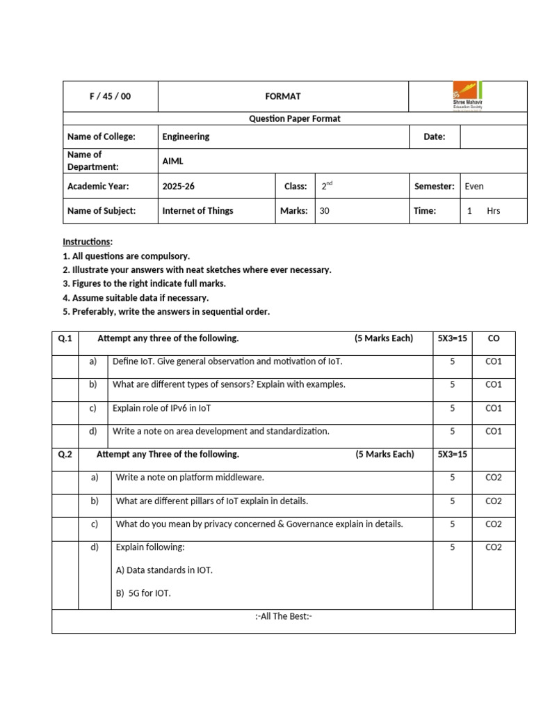 Iot Aiml Unit Test QP | PDF