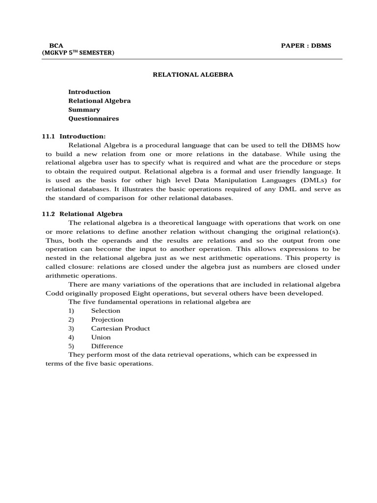 Dbms Relational Algebra | PDF | Relational Model | Set (Mathematics)