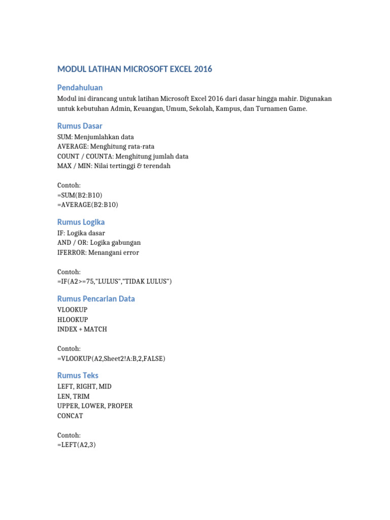 Modul Latihan Excel 2016 Lengkap | PDF