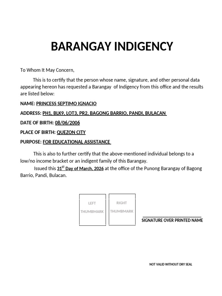 Barangay Indigency 2026 | PDF