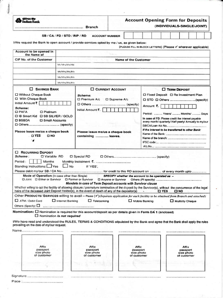 Indian Bank Form | PDF | Money | Banking