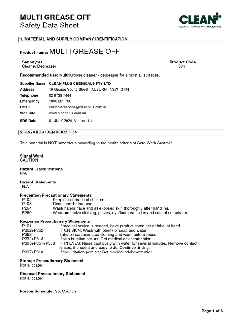 Cleanplus Multi Grease Off Safety Data Sheet Sds | PDF | Toxicity ...