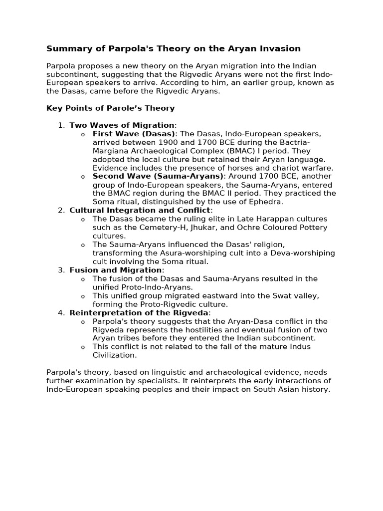 Summary of Parpola Aryan Invasion Theory | PDF