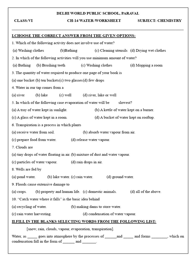 Ch-14 Water Work Sheet | PDF | Water | Water Vapor