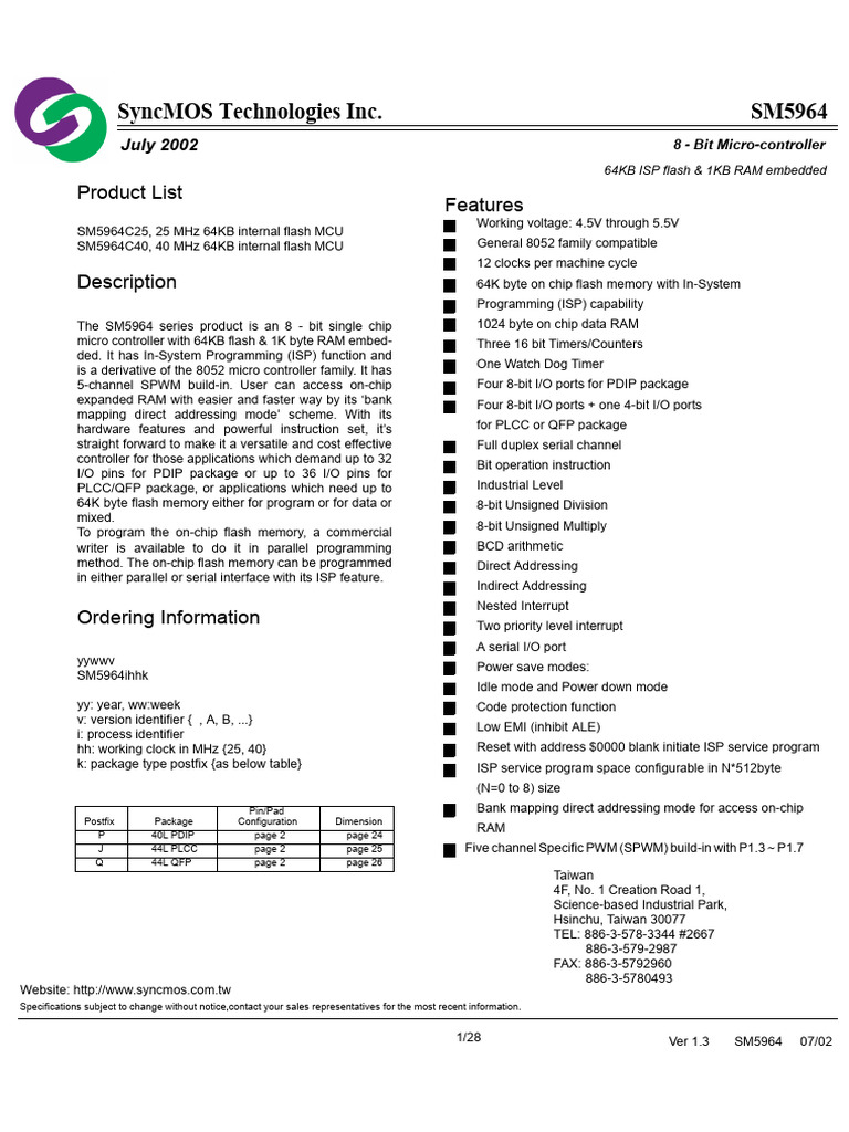 SM 5964 | PDF | Microcontroller | Random Access Memory