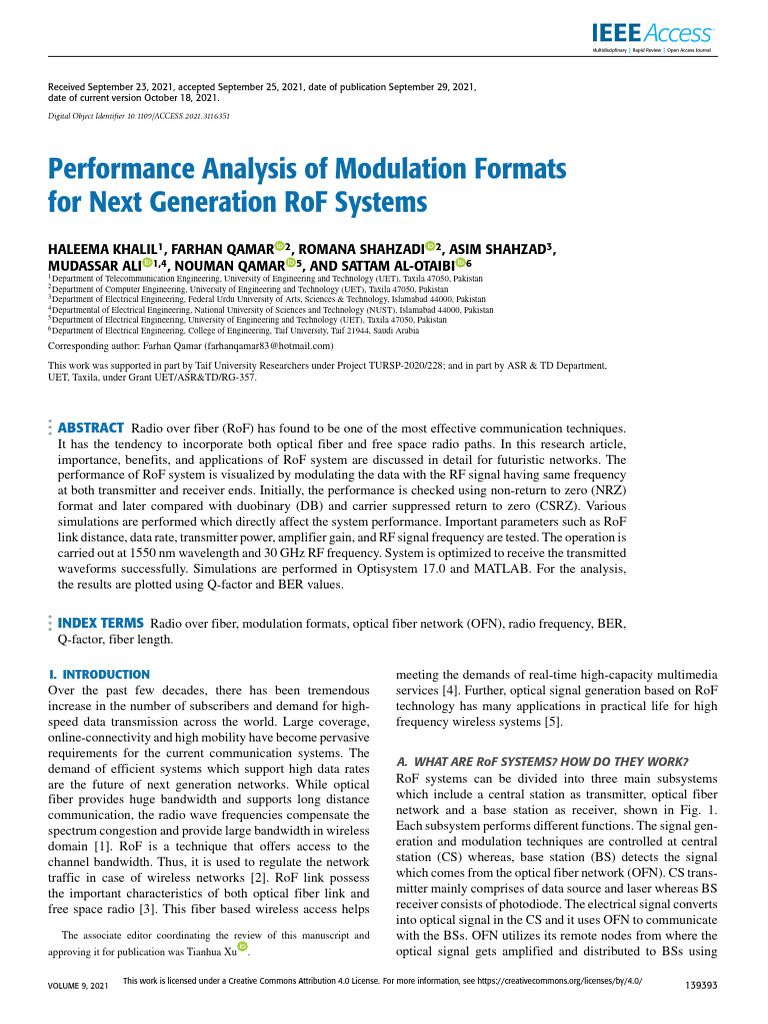Performance Analysis of Modulation Formats For Next Generation RoF ...