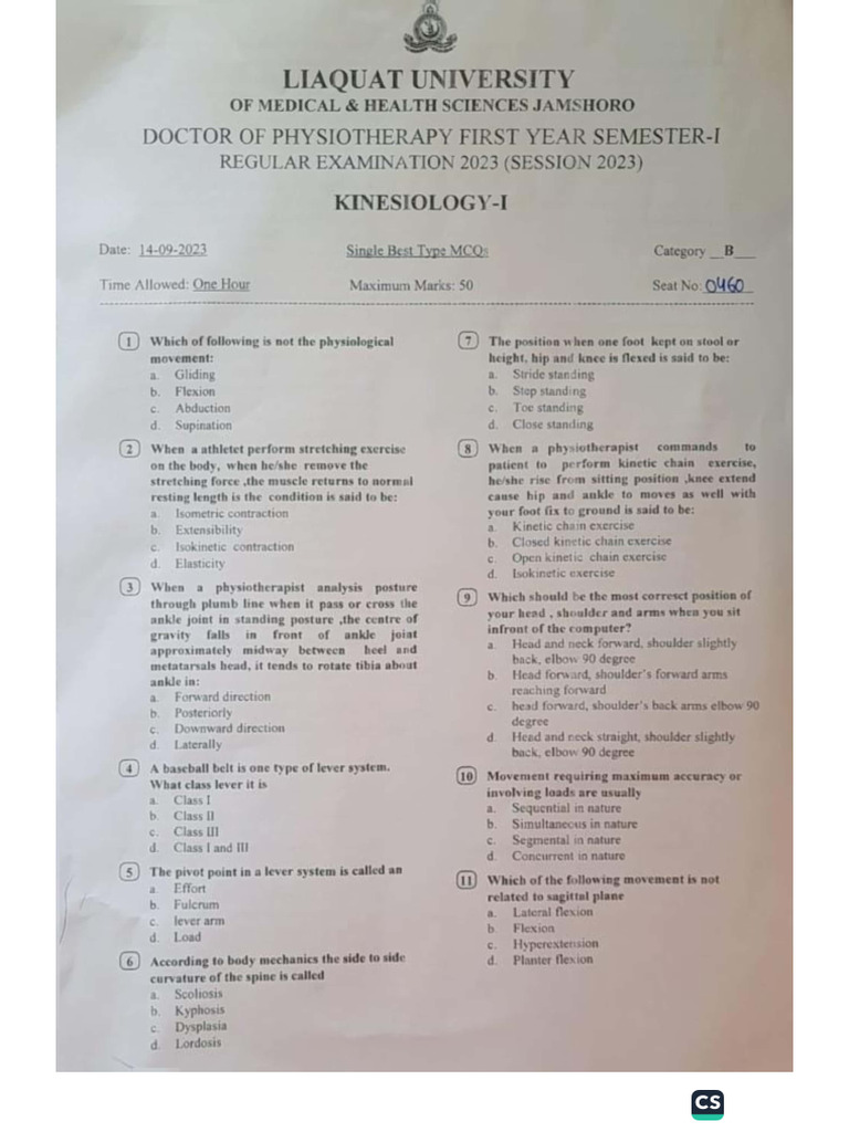Kinesiology Lumhs Past Paper? | PDF