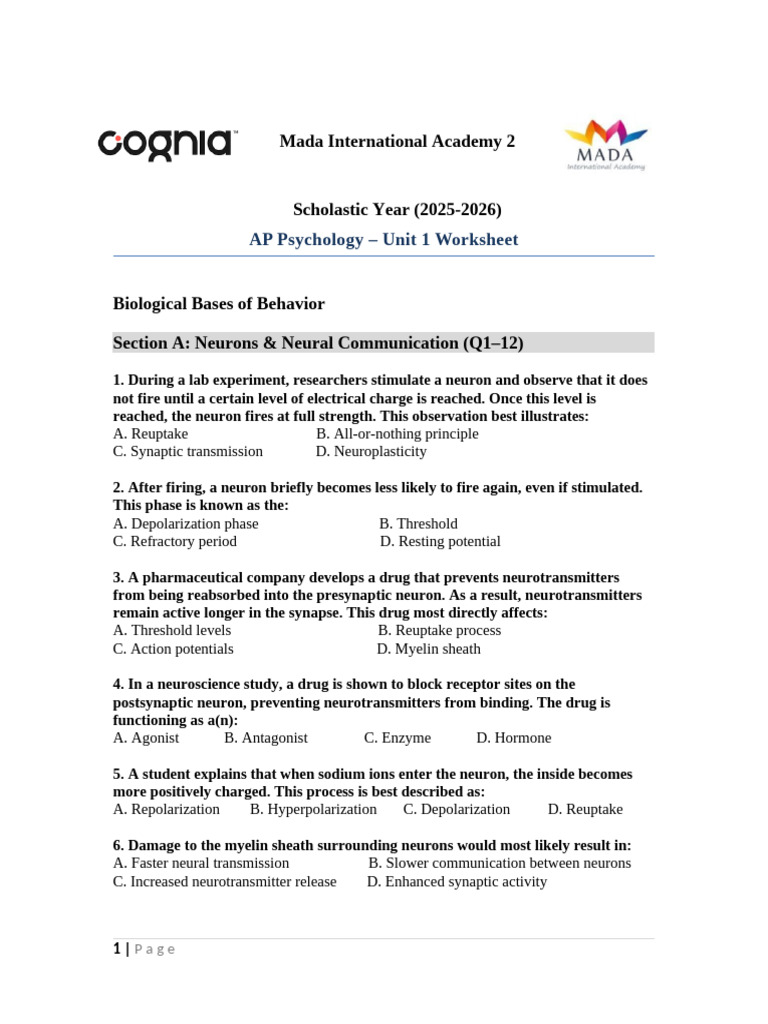 AP Psychology Unit 1 - MCQ | PDF | Nervous System | Neuron
