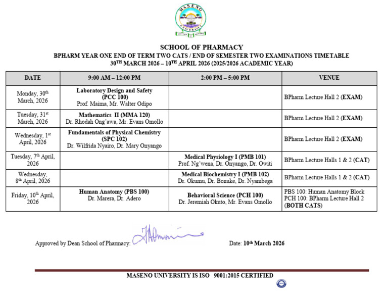 Bpharm Year 1 End of Term Two Cats and Examinations Timetable 2025 ...