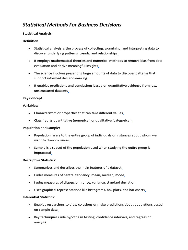 Statistical Methods For Business Decisions - Notes | PDF