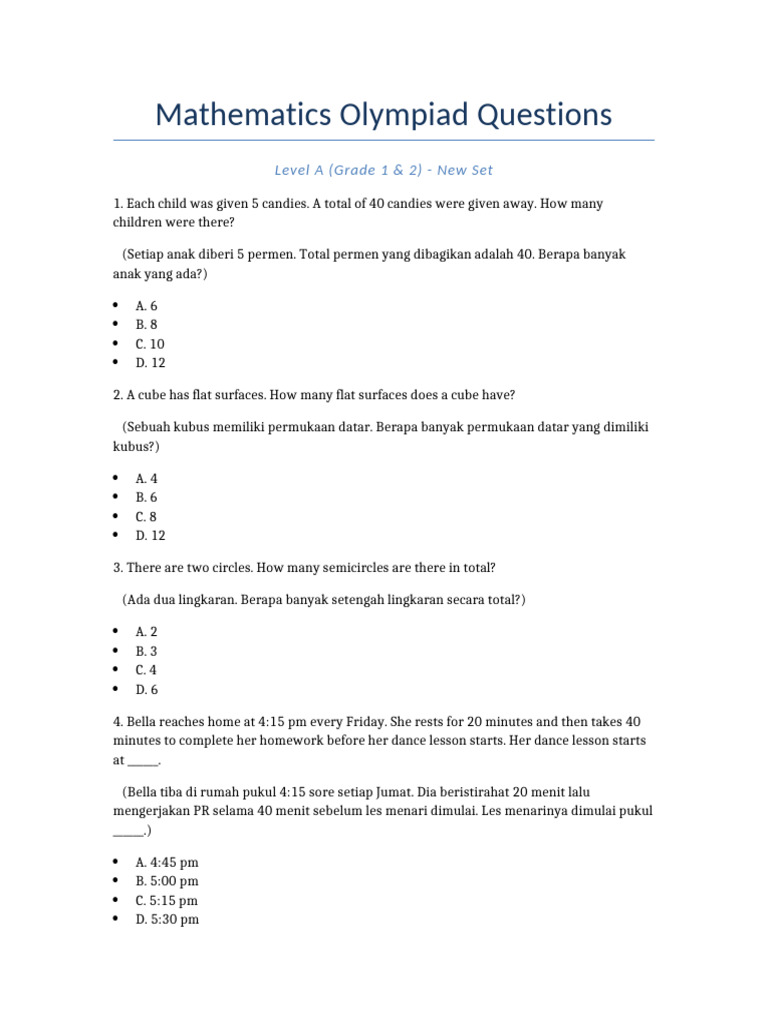 Math Olympiad New Set With Answers | PDF