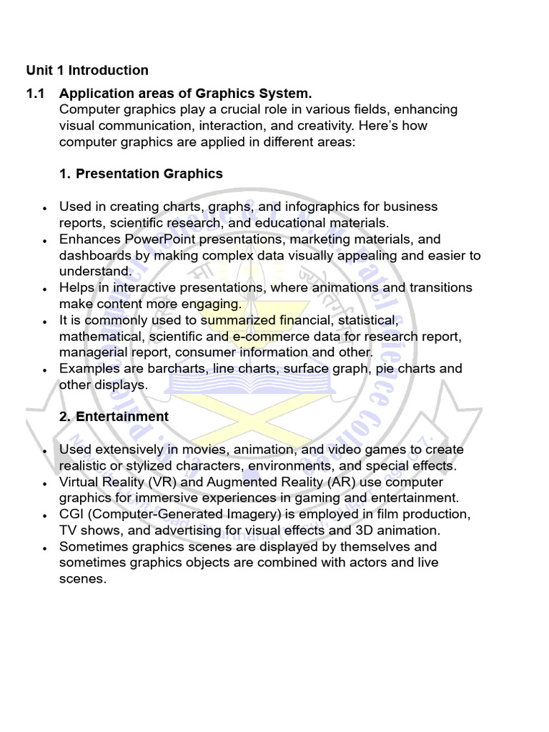 601 CG Unit 1 Introduction | PDF | Computer Graphics | 3 D Computer ...