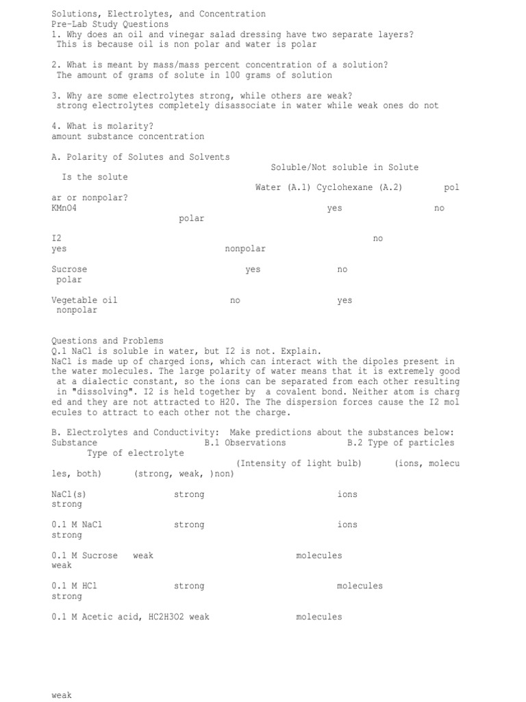 Solutions, Electrolytes and Concentration Chemical Polarity Electrolyte