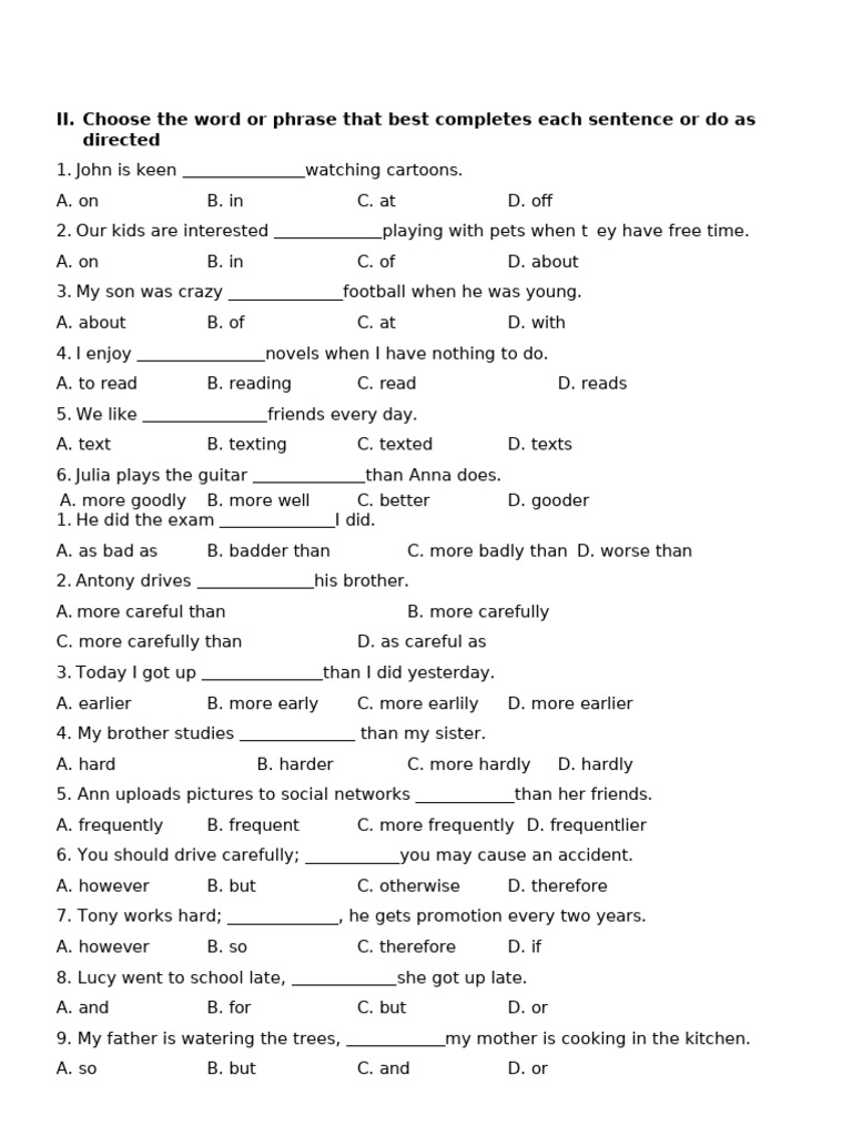 Choose The Word or Phrase That Best Completes Each Sentence or Do As ...