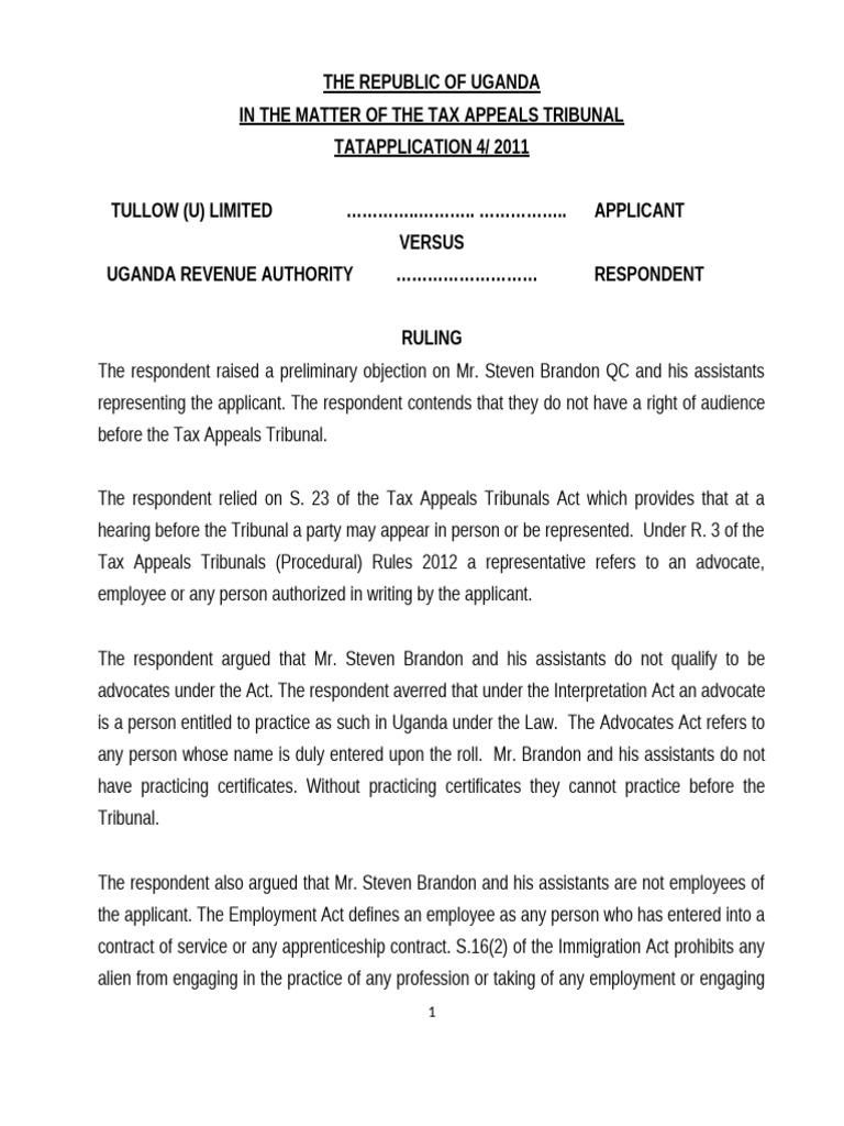 Ruling 1 (Tullows V Ura) | PDF | Tribunal | Advocate