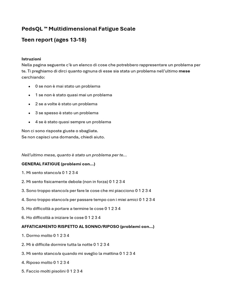 PedsQL Multidimensional Fatigue Scale | PDF
