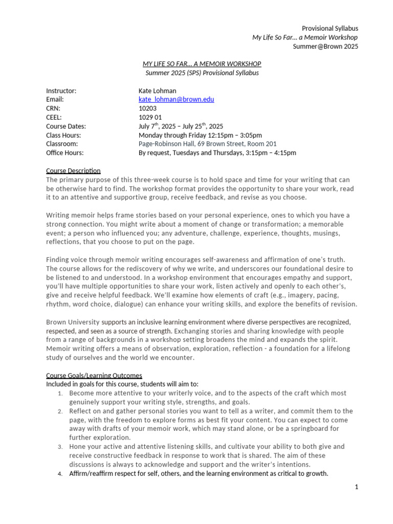 Provisional Syllabus My Life So Far... | PDF | Learning | Writing