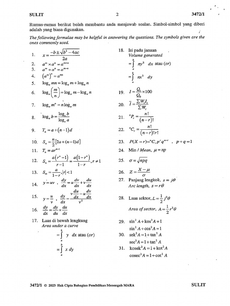 Kertas 1 (Paper 1) Matematik Tambahan (Additional Mathematics) 2023 ...
