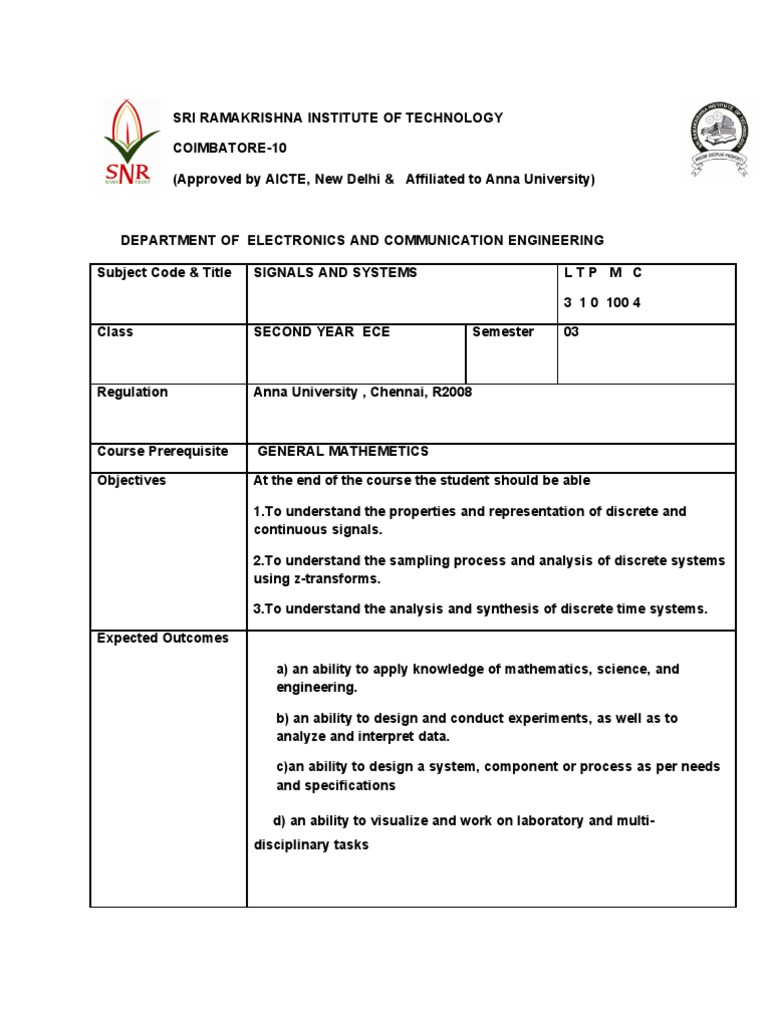 Signals and Systems Course Plan | PDF | Signal (Electrical Engineering ...