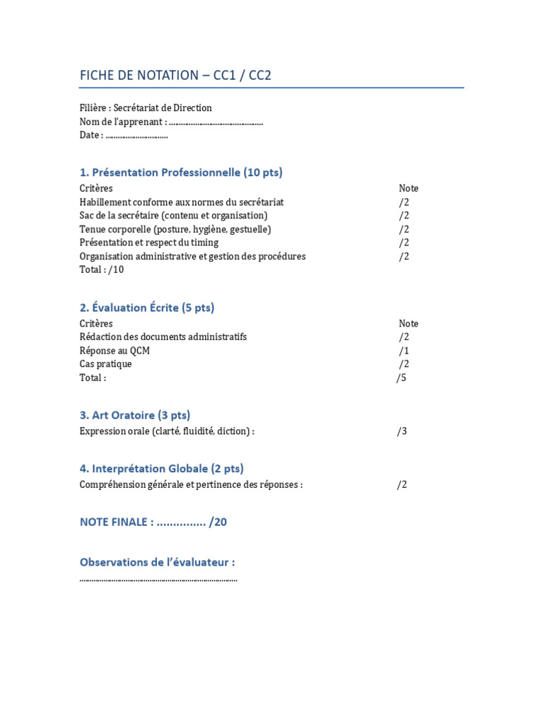Fiche Notation Secretariat | PDF