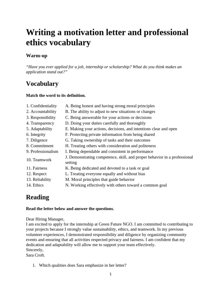 S5 Students - Motivation Letter and Professional Ethics | PDF ...