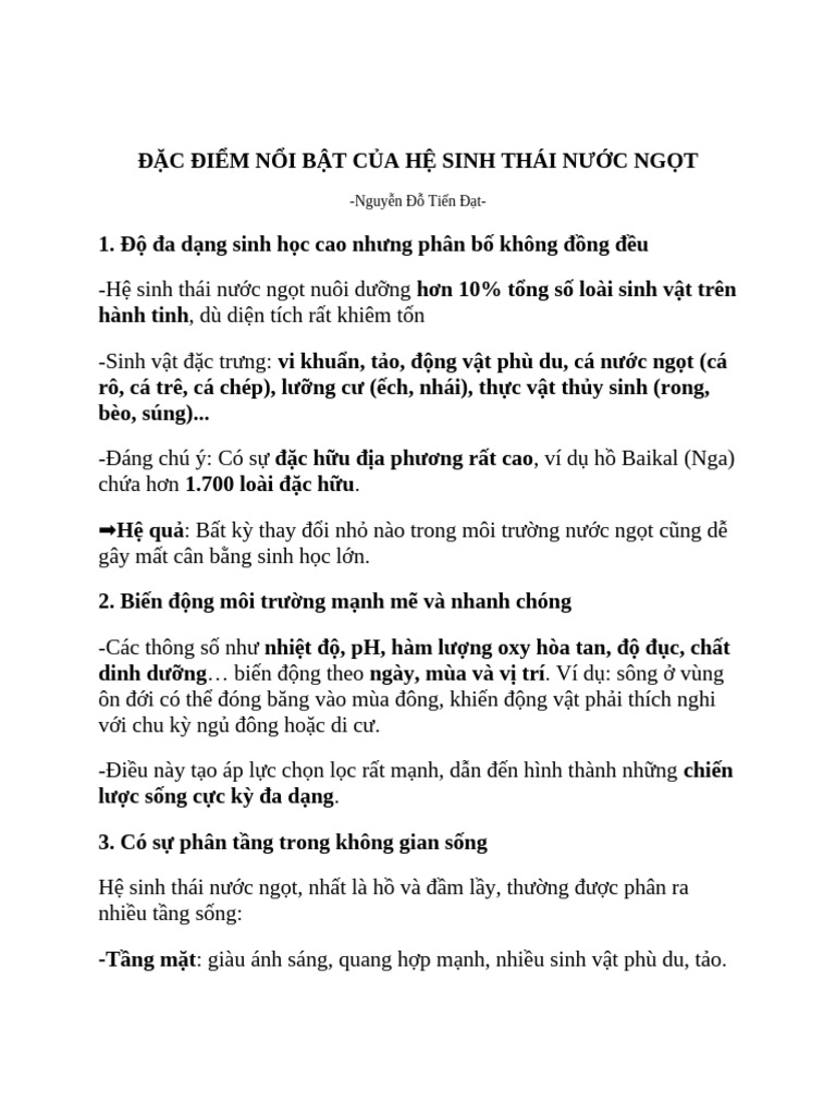 Đặc Điểm Nổi Bật Của Hệ Sinh Thái Nước Ngọt-tdat | PDF