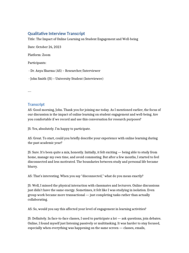 Qualitative Interview Transcript Online Learning (1) - Room 2 | PDF ...