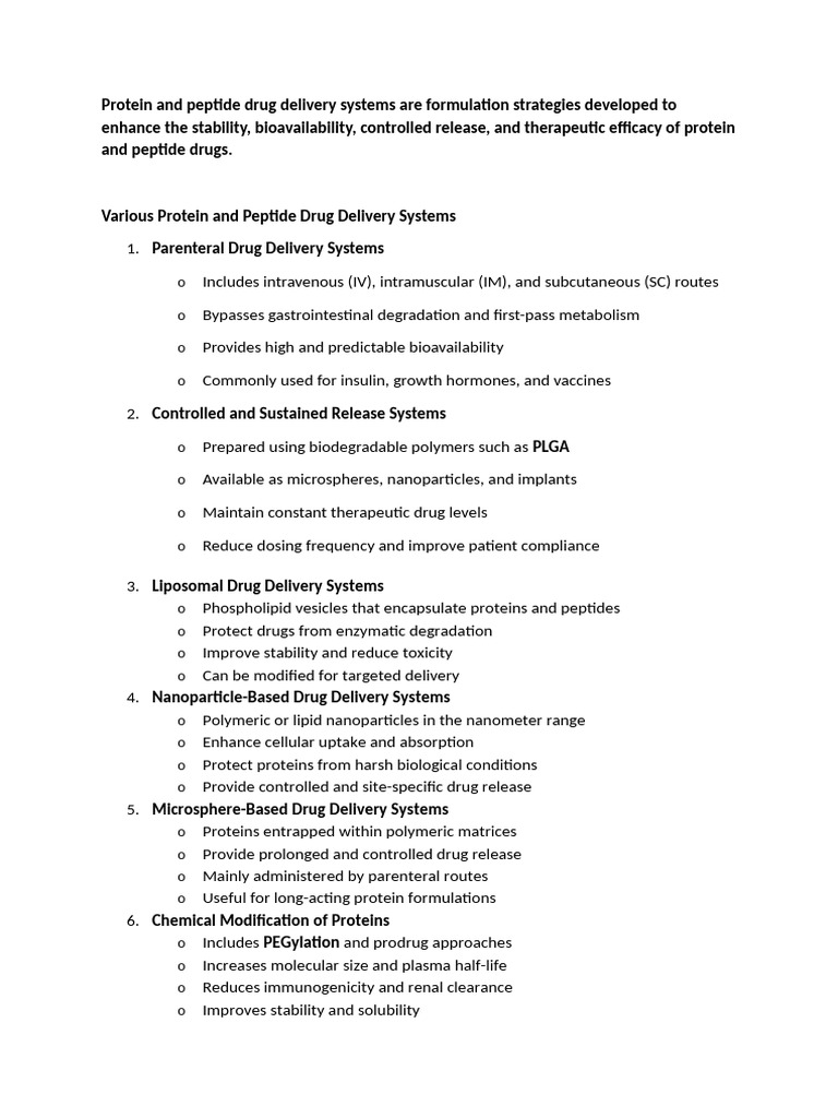 Various Protein and Peptide Drug Delivery Systems | PDF