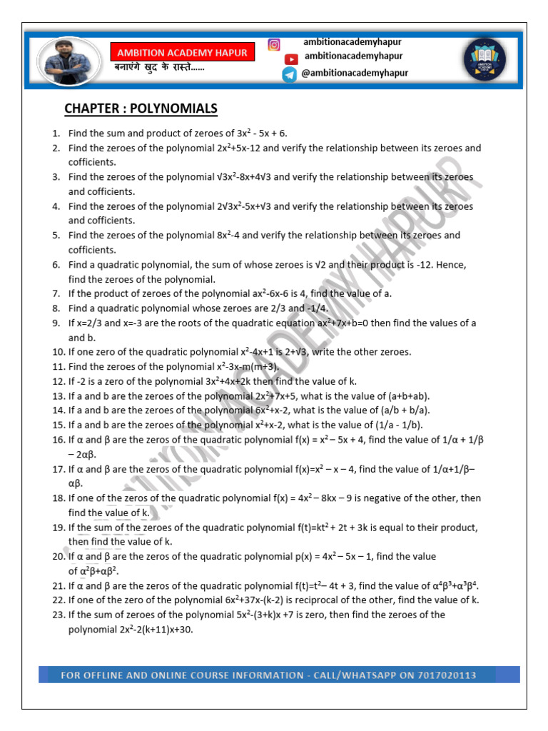 Polynomial Important Questions Class-10 | PDF | Zero Of A Function ...