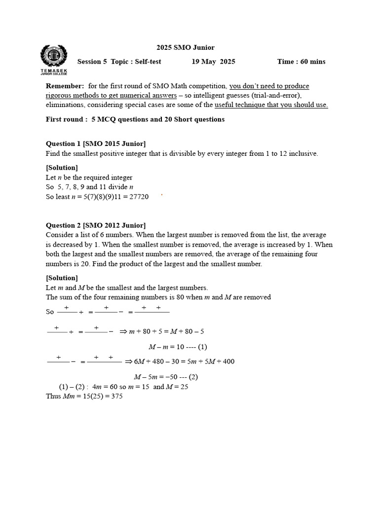 2025 SMO Junior Lesson 5 Self-Test Q and S | PDF | Numbers | Mathematics