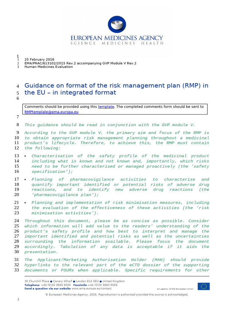 Draft Guidance Format Risk Management Plan RMP Eu Integrated Format en ...