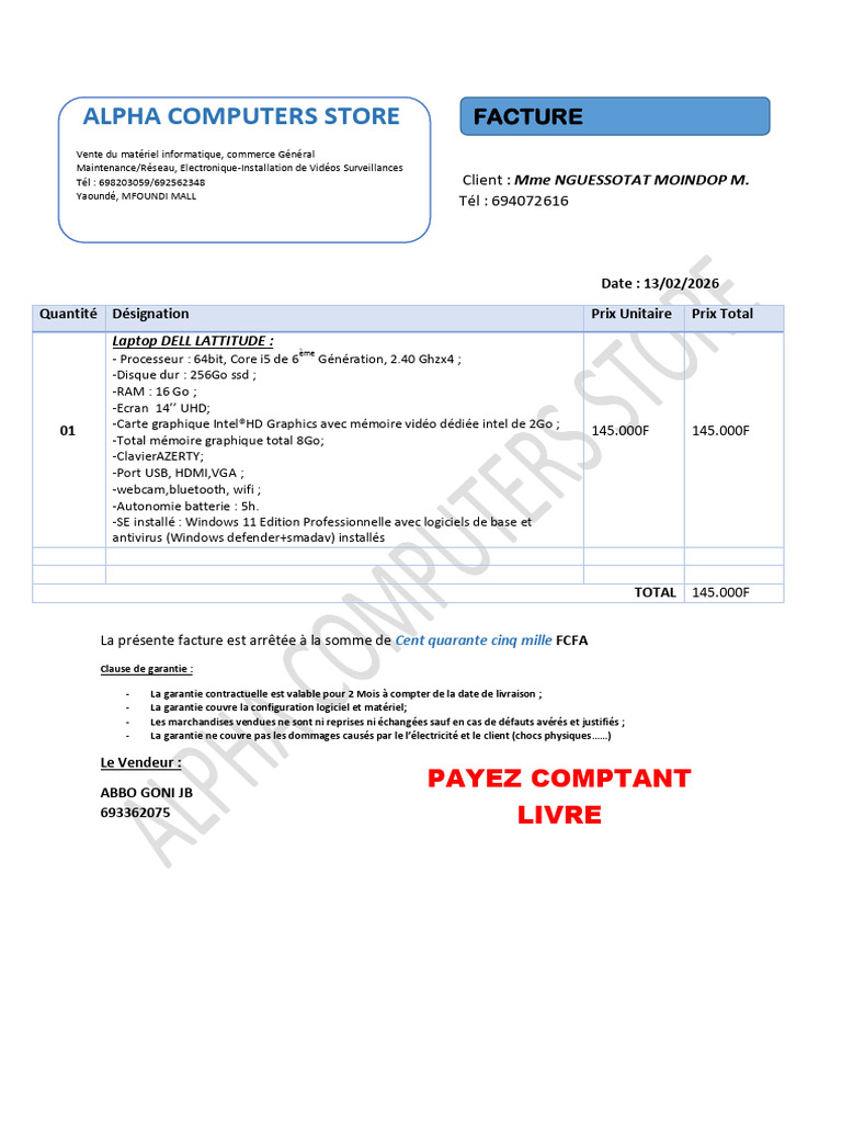 Facture Moindop Marlise | PDF | Ingénierie informatique | Informatique