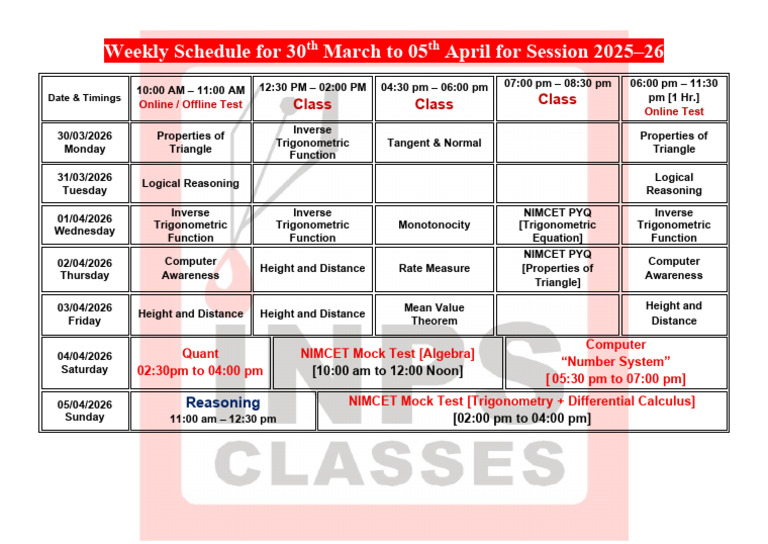 Revised Weekly Schedule For 30th March To 05th April For Session 2025-26 | PDF | Trigonometry ...