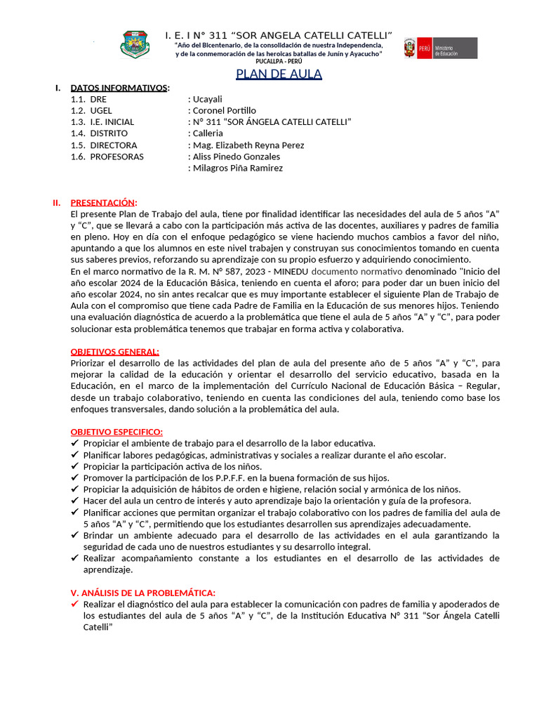 Plan de Aula A y C 2024 | PDF | Salón de clases | Educación primaria