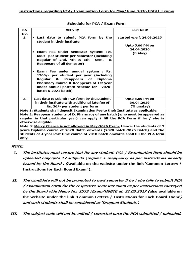 Instructions For Students Regarding PCA Examination Form May 2026 | PDF