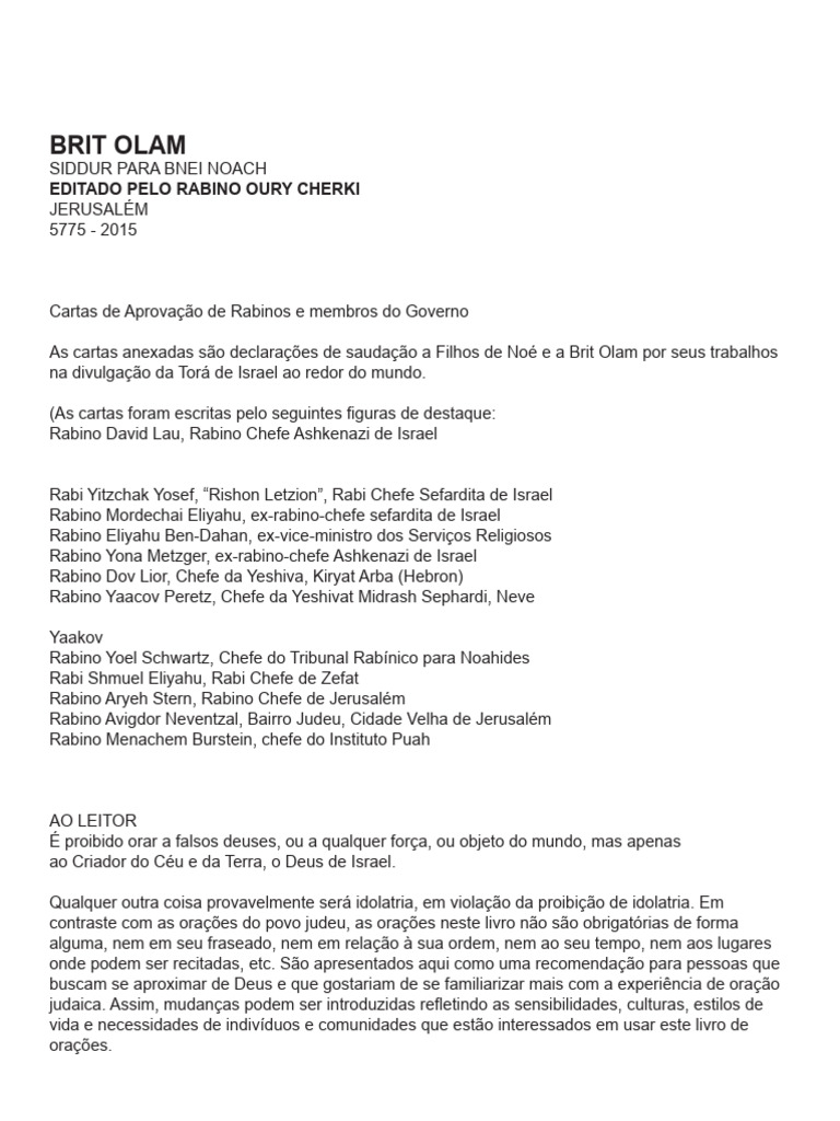 Sidur Bnei Olam Portugues V1 | PDF | Oração | Shabat