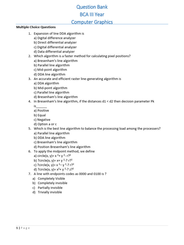 Computer Graphics Queation Bank Bca Iii Year | PDF | Multidimensional ...