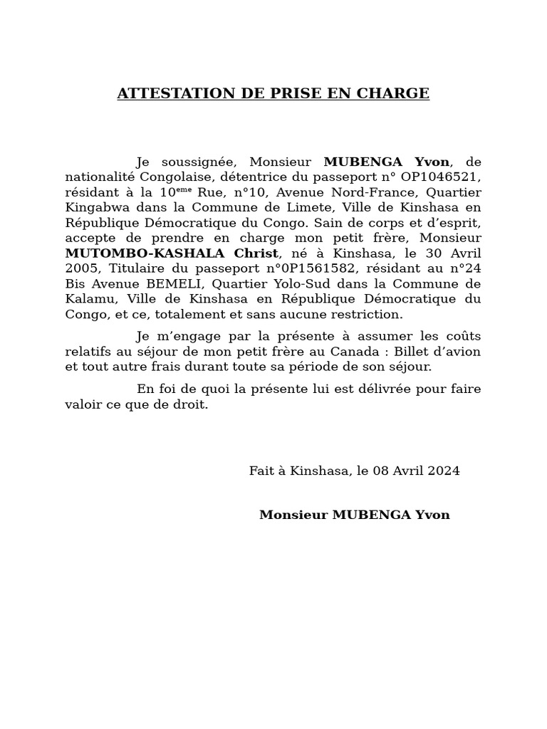 Attestation de Prise en Charge - Docxikwa Nkoyi Dieumerci | PDF